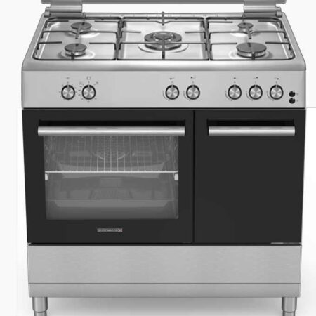 Campomatic 90cm Cooker with Bottle Compartment, 2 knobs, Gas-Gas, 4G + 1TB, Glass Cover with Full Aluminium Front Profile, Timer, Flat Matt Enamelled Pan Support, ignition, Slide out inner door, Full Body SS