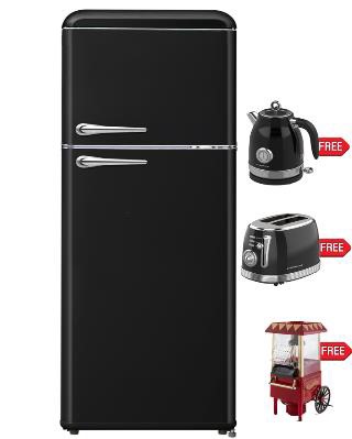 Campomatic,Vintage Retro Refrigerator 2 Door with Freezer compartment, Retro Metal Handle, Mechanical Control, Defrost, Black Color Get Free :Kettle, Toaster & PopCorn Maker Black color
