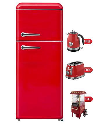Campomatic,Vintage Retro Refrigerator 2 Door with Freezer compartment, Retro Metal Handle, Mechanical Control, Defrost, Red Color Get Free :Kettle, Toaster & PopCorn Maker Red color
