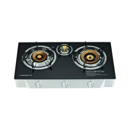 Gas Cooker, Brass Burner ( 2 Double + 1 Single)
 , Black Tempered Glass Top Panel, Auto
 Ignition With Japanese Piezo , Enamel Pan
 Support , Low Gas Consumption , Stainless
 Steel Body