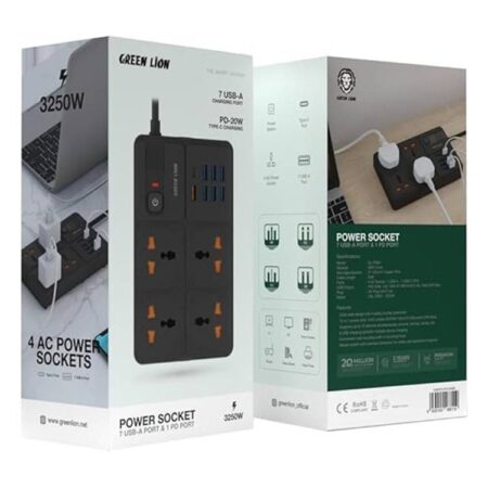 Green Lion Power Socket 4 AC Power Socket 7 Usb-A Charging Port & 1 PD-20W Port Type-C Charging 3250W With Power Button