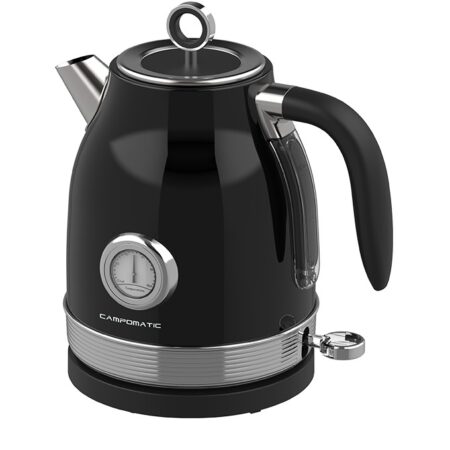 Campomatic,Retro Vintage Kettle, Black & Chrome Metal Body, Round Thermometer, 1.7L, 2200W, Auto Shut Off
