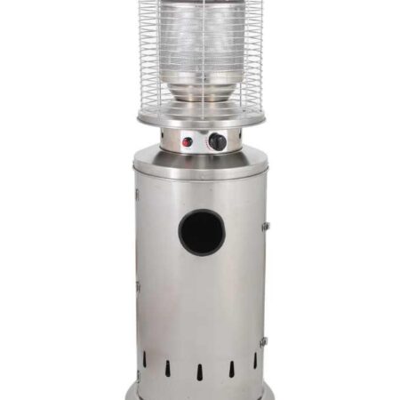 Campomatic,Full Stainless Steel Patio Heater, 135cm  Height, Anti-tilt Switch, Automatic Shut-Off,  Piezoelectric Ignition, Net Weight 15Kg,  Heat Output 13Kw, Works with Propane,  Butane or LPG, Wheels & Hose included