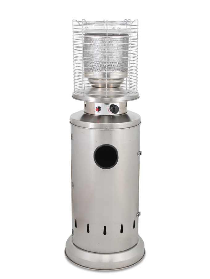 Campomatic,Full Stainless Steel Patio Heater, 135cm Height, Anti-tilt Switch, Automatic Shut-Off, Piezoelectric Ignition, Net Weight 15Kg, Heat Output 13Kw, Works with Propane, Butane or LPG, Wheels & Hose included
