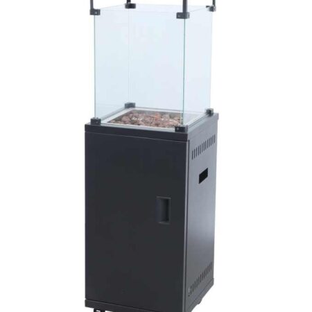 Campomatic, GAS Fire Pit with Glass, 140cm Height, Anti- tilt Switch, Automatic Shut-Off, Pulse  Ignition with Variable Gas Control, Valve,  2.5Kg Lava Rocks, Net Weight 26Kg, Heat  Output 11Kw, Flux 764g/h, Works with  Propane, Butane or LPG, Wheels & Hose included