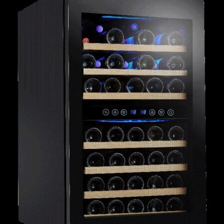 WINE COOLER UNDER COUNTER FULL GLASS FRONT DESIGN DUAL ZONE 45 BOTTLES CAPACITY WOOD SHELVES