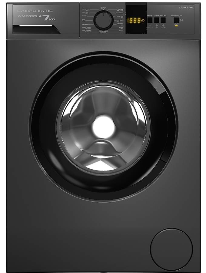 Campomatic,Washer, 7KG, 1000RPM, Dark Silver Anthracite, Large Digital Display, White body, Time Remaining Display, Auto Restart, Anthracite
