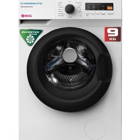 Campomatic,Washer, 9KG, 1400RPM, White, Large Digital Display, White body, Black Tinted Door, Auto Restart, Steam Function Inverter