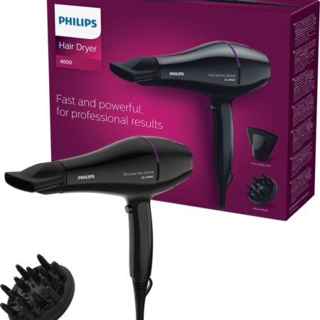 Philips,Hair Dryer PRO , 2200W, AC Motor , 2x Ionic Care , Drying SpeedUp To 130 km/h , Heat/Speed Settings (6) , Cool Shot , Nozzle(9mm) , Volume Diffuser , Ionic Care , ThermoProtect Setting