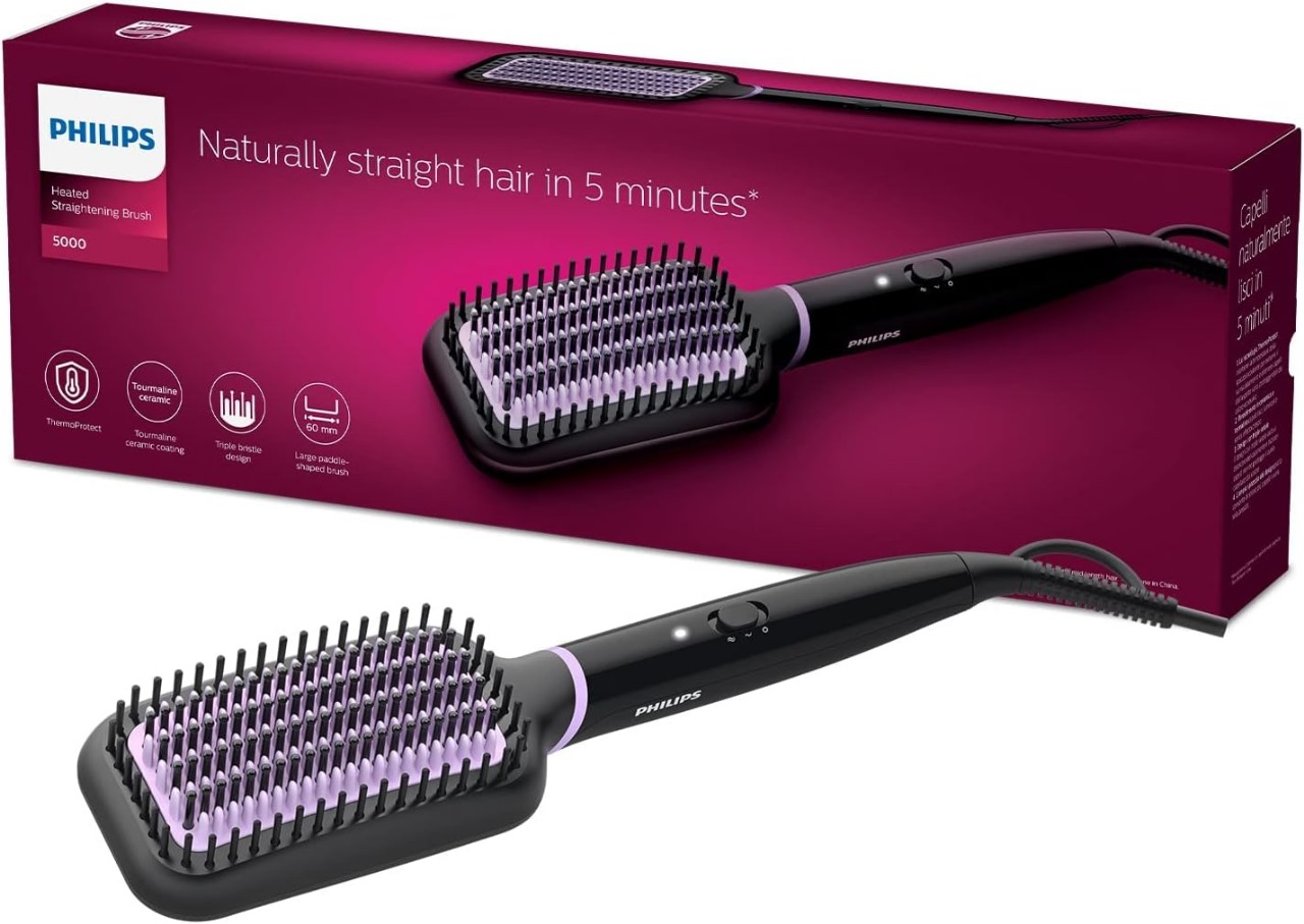 Philips,HEATED STRAIGHTENING BRUSH , Tourmaline Ceramic Coating , Large , Triple Bristle Design (Gently Staightens Hair) , LED Indicator