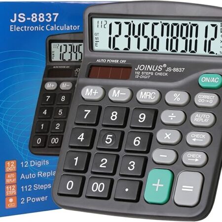 JOINUS JS-8837 12-Digit Electronic Calculator – Dual Power, Auto Replay, 112-Step Check & Correct, Perfect for Office, Home & School Use