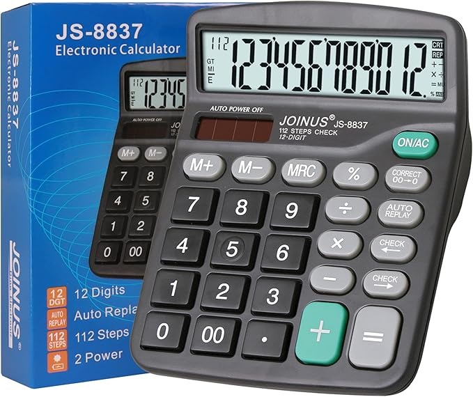 JOINUS JS-8837 12-Digit Electronic Calculator – Dual Power, Auto Replay, 112-Step Check & Correct, Perfect for Office, Home & School Use